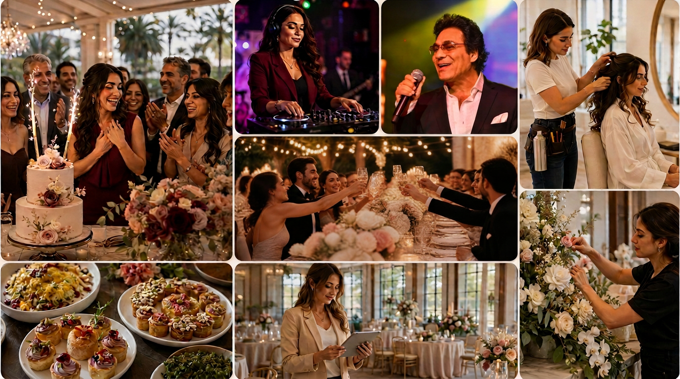Collage of celebration vendors: cake, DJ, singer, hair stylist, photographer, catering, planner and florist